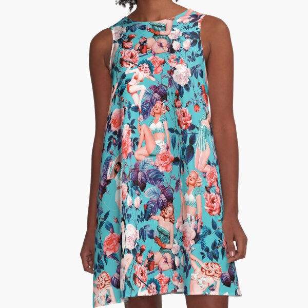 Pinup and Floral Pattern A-Line Dress