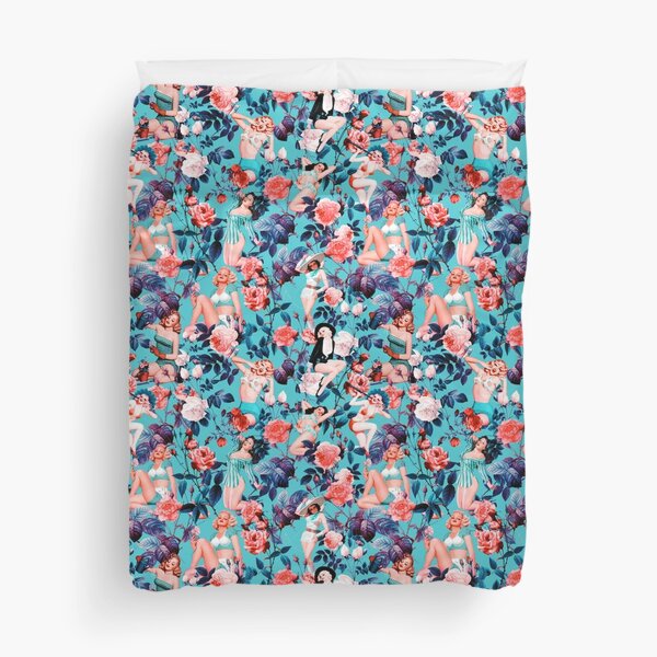 Pinup and Floral Pattern Duvet Cover