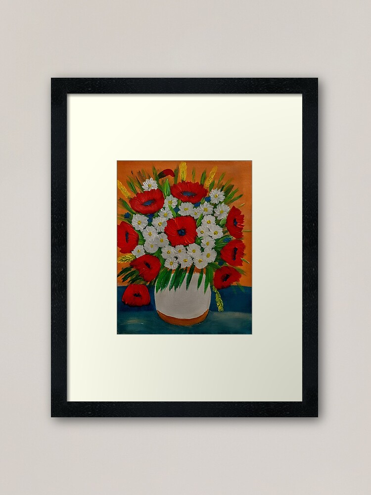 Alternate view of poppies that I painted with three different reds and some daisy's and long grass in white and bronze vase. Framed Art Print