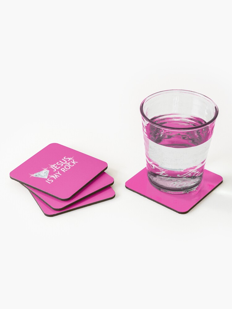 Thumbnail 2 of 5, Coasters (Set of 4), Pink Jesus Is My Rock Face Mask designed and sold by GODS4US.