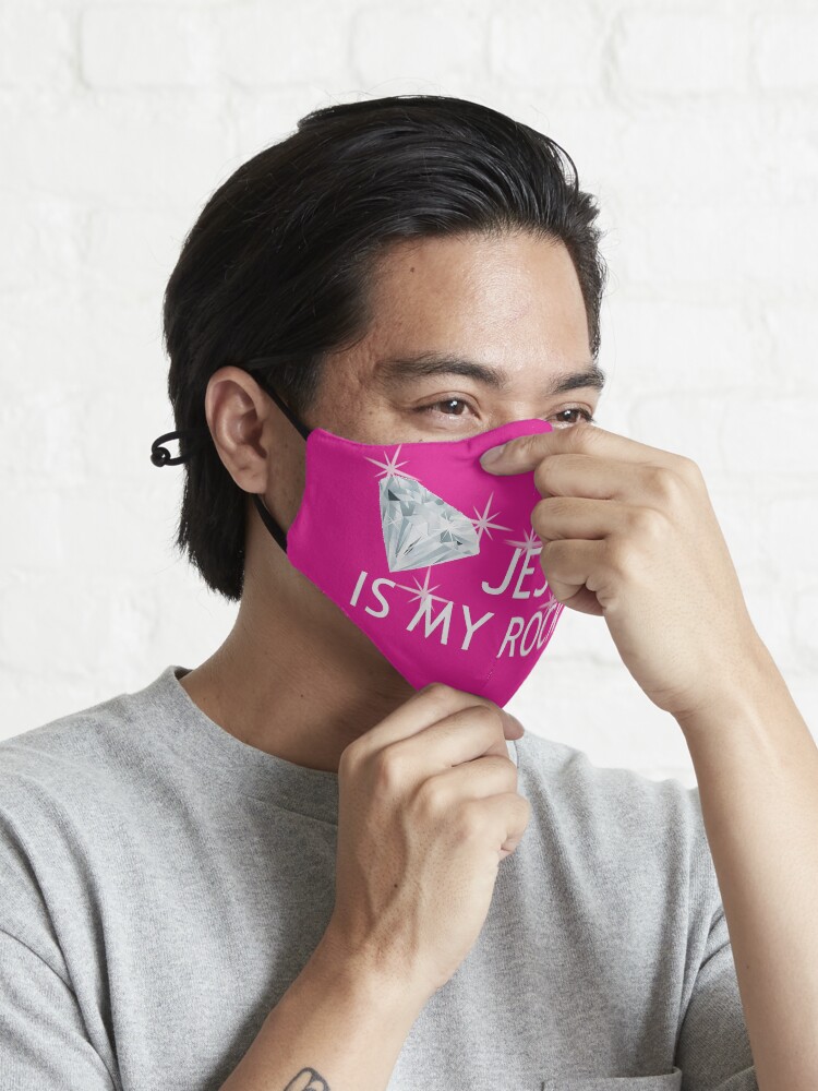 Alternate view of Pink Jesus Is My Rock Face Mask Mask