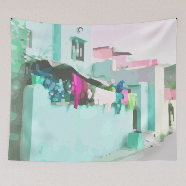 Item preview, Painted walls and hanging laundry in aqua and rose - art print bedding pillow home decor designed and sold by Boho Contessa.
