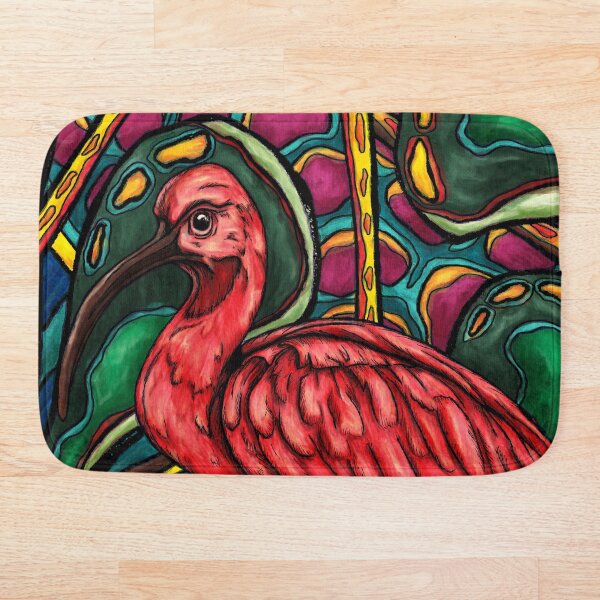 Ibis rouge, oiseau exotique sur fond abstrait jungle Tapis de bain