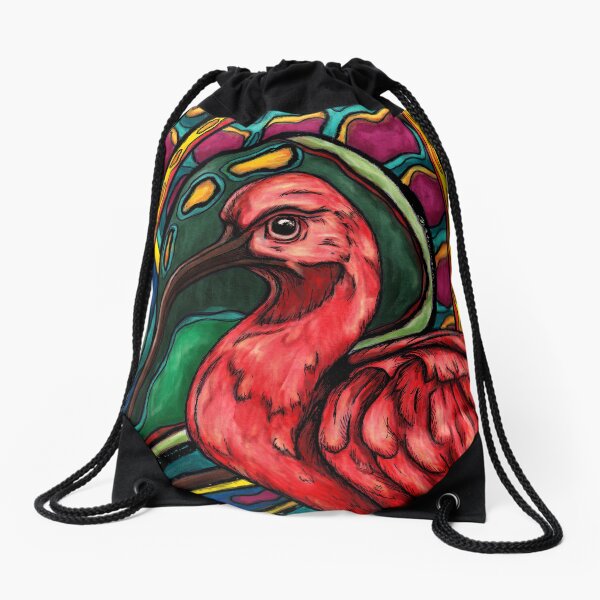 Scarlet ibis, exotic bird on abstract jungle background Drawstring Bag