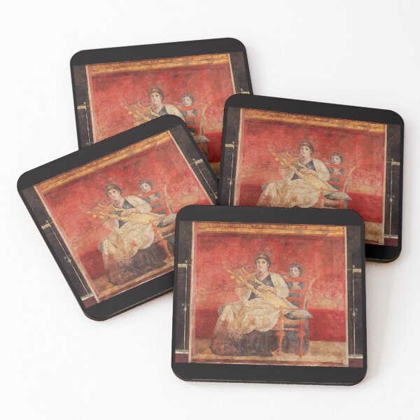 Item preview, SEATED WOMAN PLAYING A LYRE  POMPEII ANTIQUE ROMAN FRESCO IN RED designed and sold by BulganLumini.