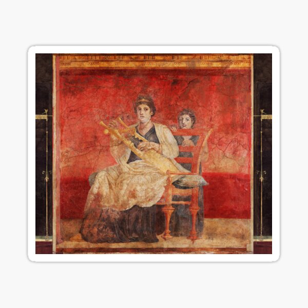 "SEATED WOMAN PLAYING A LYRE POMPEII ANTIQUE ROMAN FRESCO IN RED ...