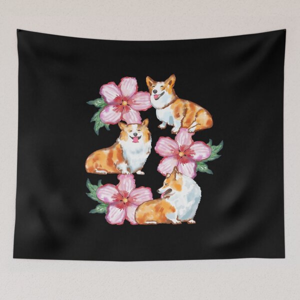 Item preview, Corgis In Flowers On Black designed and sold by okpinsArtDesign.