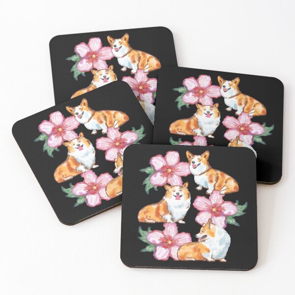 Item preview, Corgis In Flowers On Black designed and sold by okpinsArtDesign.
