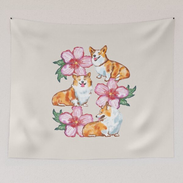 Item preview, Corgis In Flowers On Beige designed and sold by okpinsArtDesign.