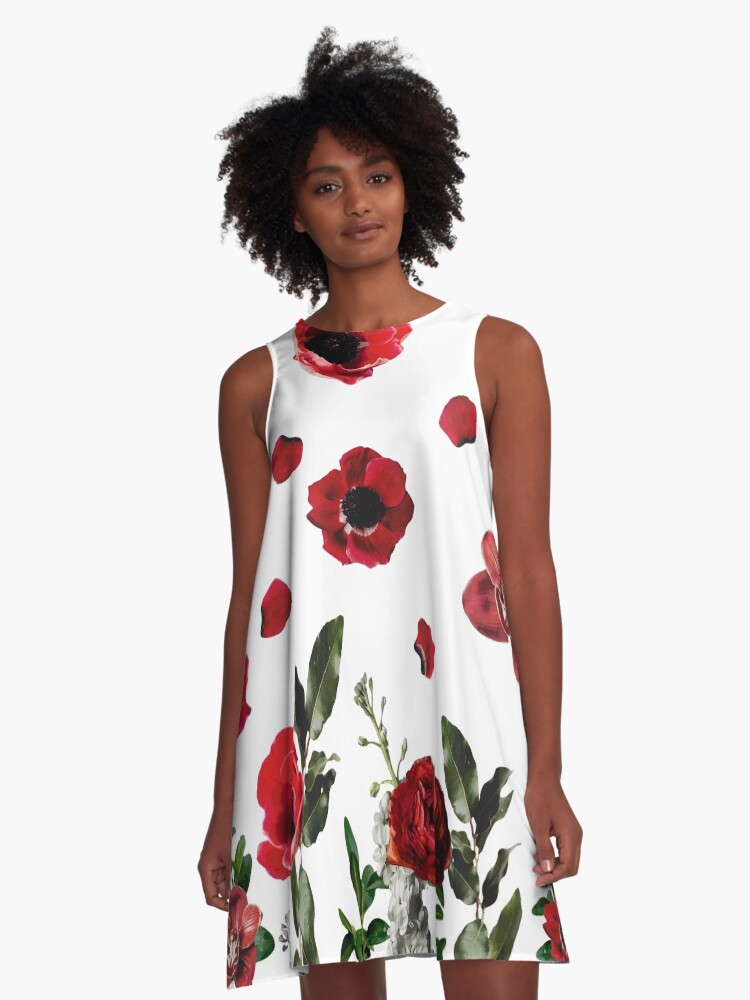 Modern Red Flowers, Petals and Green Leaves