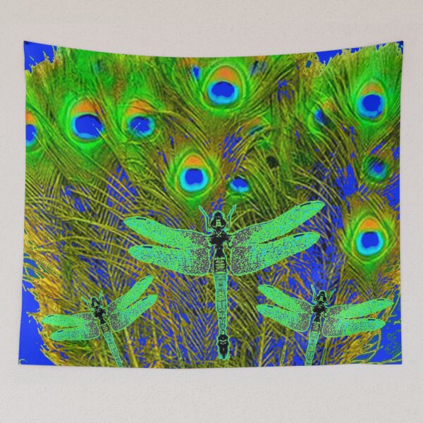 Item preview, EMERALD GREEN DRAGONFLIES ON GREEN PEACOCK FEATHERS BLUE ART designed and sold by sharlesart.