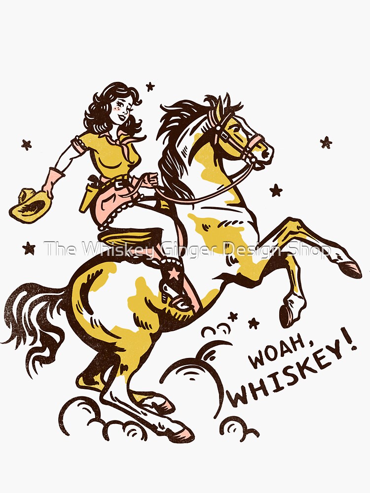 Whoa Whiskey Retro Pin Up Cowgirl Riding Her Horse Sticker for