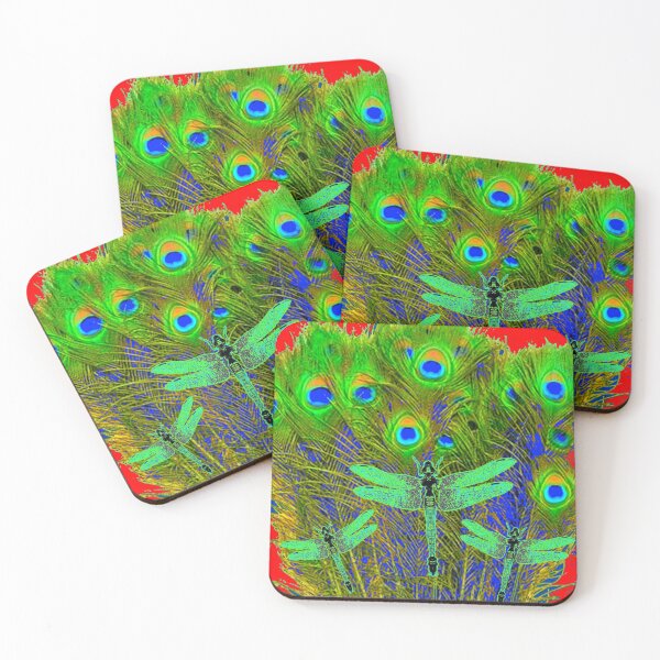 Item preview,  GREEN PEACOCK EMERALD GREEN DRAGONFLIES  FEATHERS RED ART designed and sold by sharlesart.