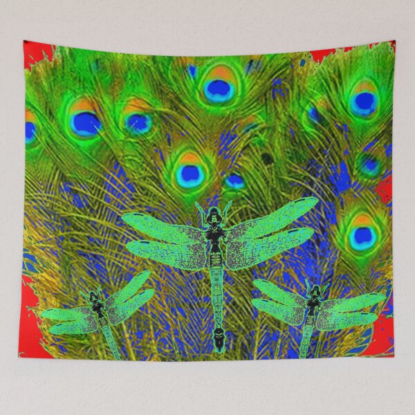 Item preview,  GREEN PEACOCK EMERALD GREEN DRAGONFLIES  FEATHERS RED ART designed and sold by sharlesart.