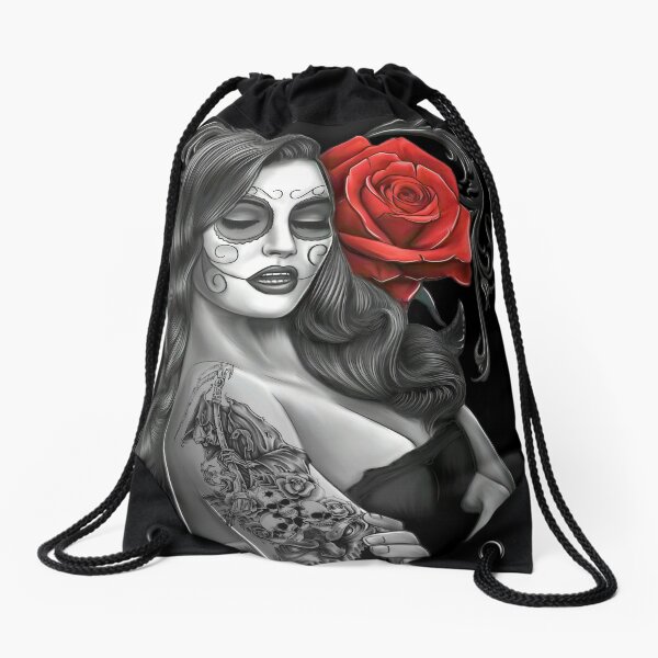  "Beauty " Sugar Skull Tattoos Ink Gothic Art Design Drawstring Bag