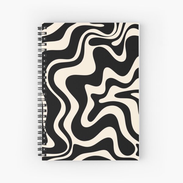 Retro Liquid Swirl Abstract Pattern in Black and Almond Cream Spiral Notebook