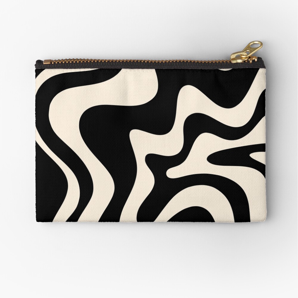 Retro Liquid Swirl Abstract Pattern in Black and Almond Cream Zipper Pouch