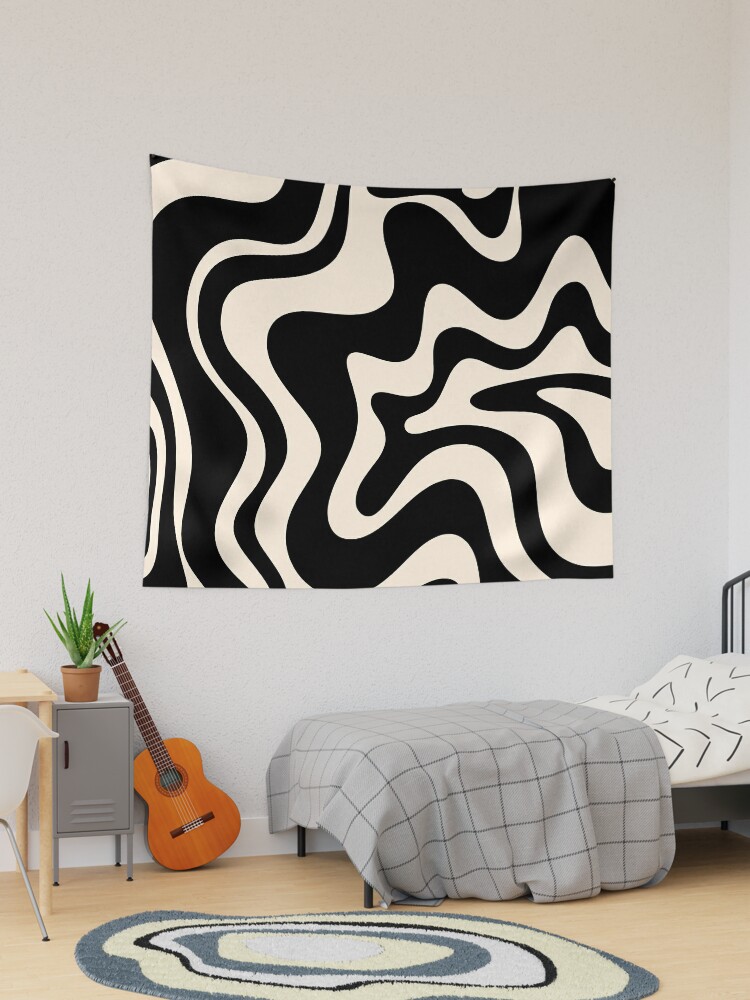 Retro Liquid Swirl Abstract Pattern 3 in Black and Almond Cream Bath Mat by  Kierkegaard Design Studio