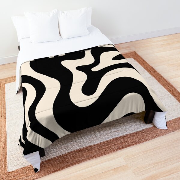 Retro Liquid Swirl Abstract Pattern in Black and Almond Cream Comforter