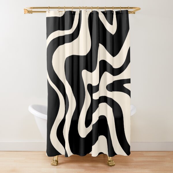 Retro Liquid Swirl Abstract Pattern in Black and Almond Cream Shower Curtain