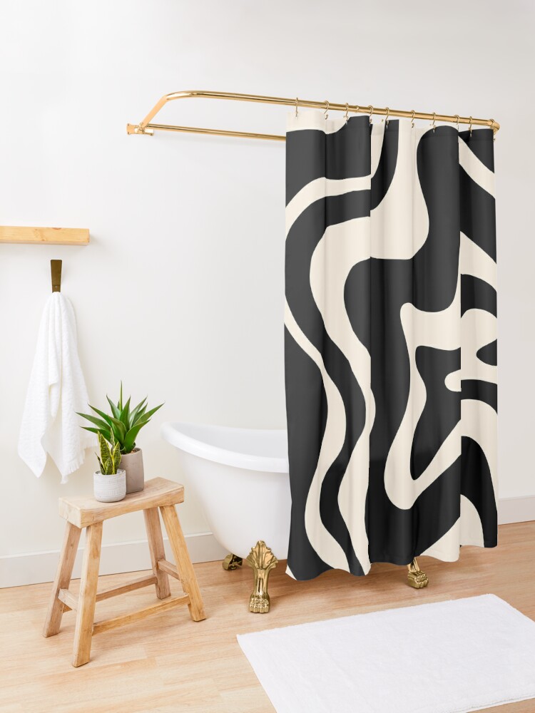 Retro Liquid Swirl Abstract Pattern 3 in Black and Almond Cream Bath Mat by  Kierkegaard Design Studio