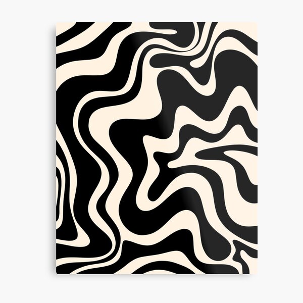 Retro Liquid Swirl Abstract Pattern in Black and Almond Cream Metal Print