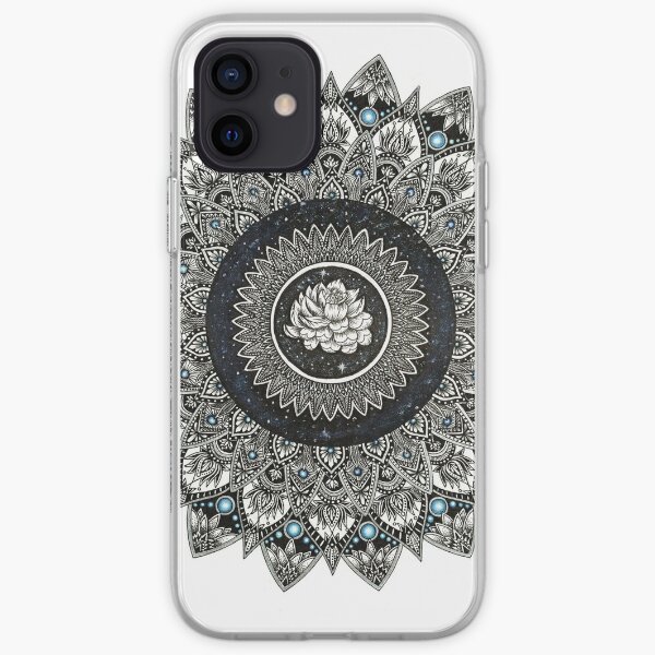 Black and White Flower Mandala with Blue Jewels iPhone Soft Case