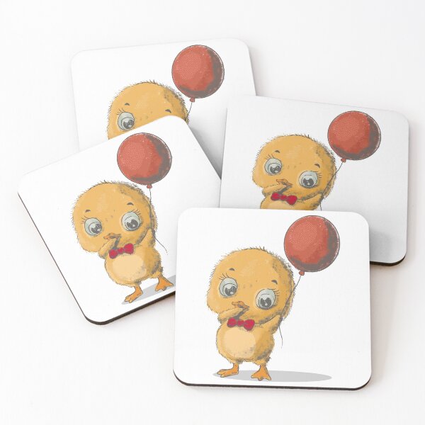 Item preview, Vector Color Illustration Nice Yellow Cartoon Chick with Big Red Balloon White Background Hand Drawn Flat Style Design Web Site Greeting Card Invitation Sticker T-shirt Print designed and sold by Peekonet.