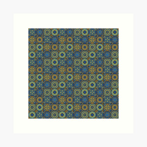 Morrocan Tile Pattern - Morrocan Style Seamless Pattern (Green and Blue) Art Print