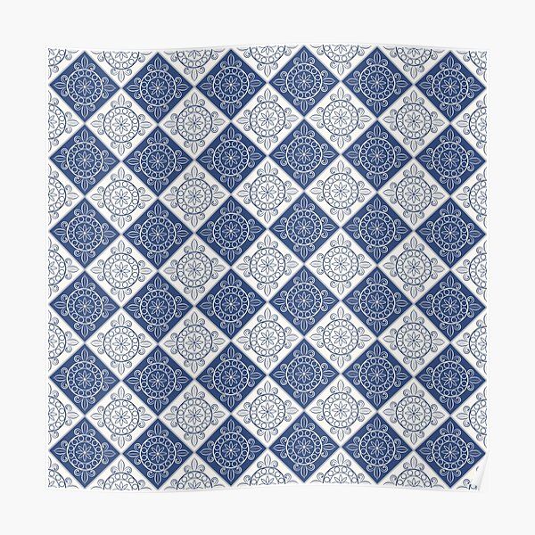 Morrocan Tile Pattern - Morrocan Style Seamless Geometric Checkered Pattern ( Blue and White ) Poster