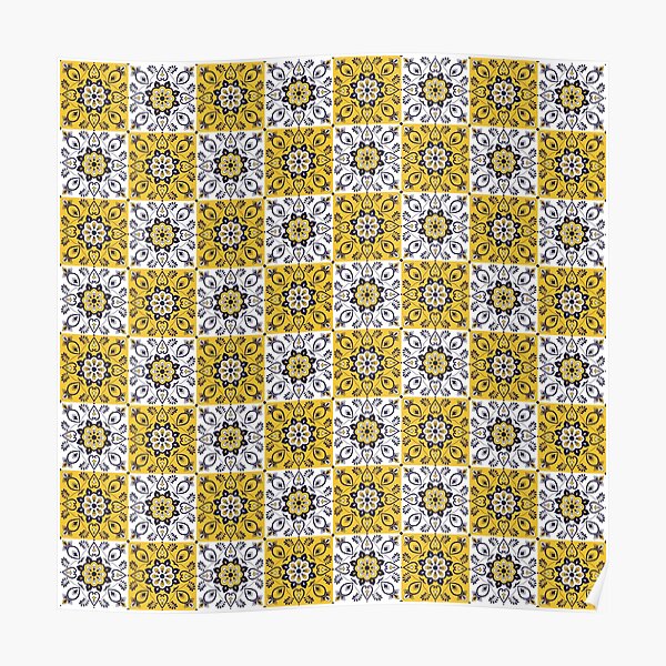 Morrocan Tile Pattern - Morrocan Style Seamless Geometric Checkered Pattern ( Yellow and White ) Poster