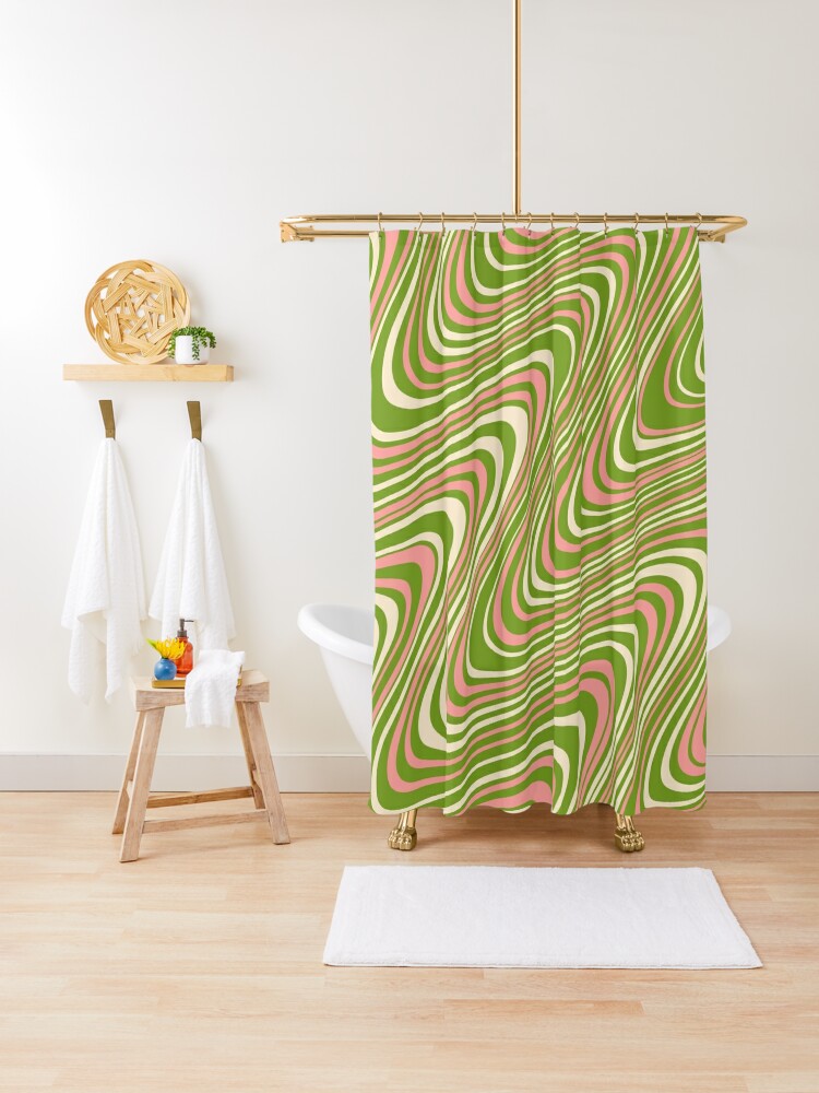 Aesthetic 70S Abstract Wavy Swirl Shower Curtain, Cute Sage Green