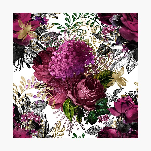 Abstract, Purple Floral, Gold Bees, Vintage, Shabby Chic, Art Deco, Farmhouse Photographic Print