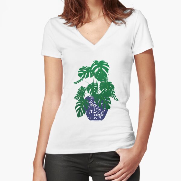Monstera Plant in Blue and White Plant Pot | Monstera Leaves | House Plants | Pot Plants | Potted Plants | Fitted V-Neck T-Shirt