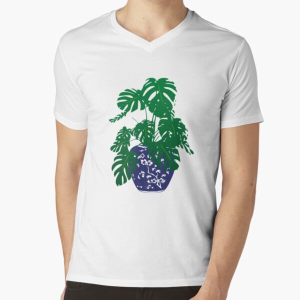 Monstera Plant in Blue and White Plant Pot | Monstera Leaves | House Plants | Pot Plants | Potted Plants | V-Neck T-Shirt