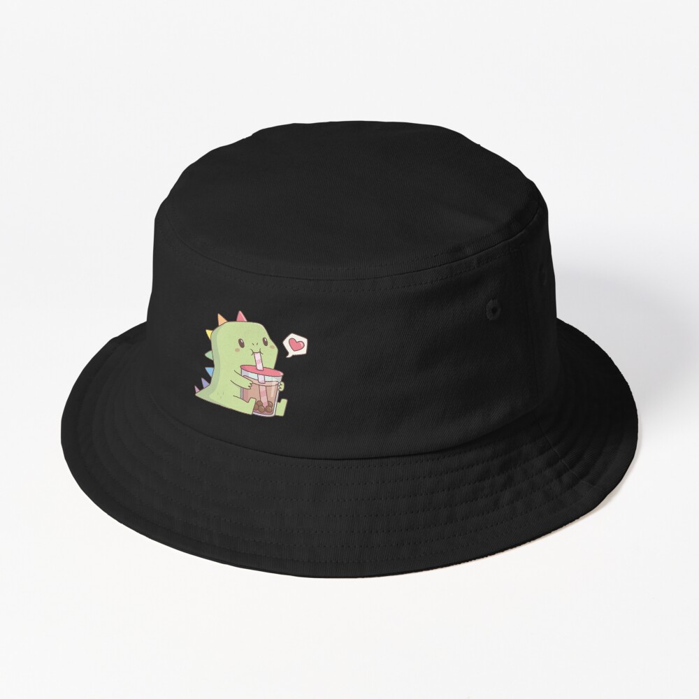 Discover Cute Dino with Rainbow Spikes Loves Bubble Tea Bucket Hat
