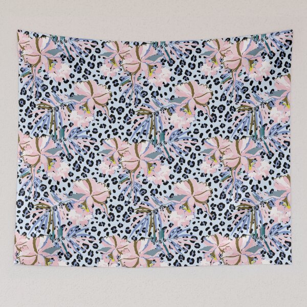 Item preview, Leopard Skin Pattern With Pink orchid flowers and palm leaves. designed and sold by graphic-genie.