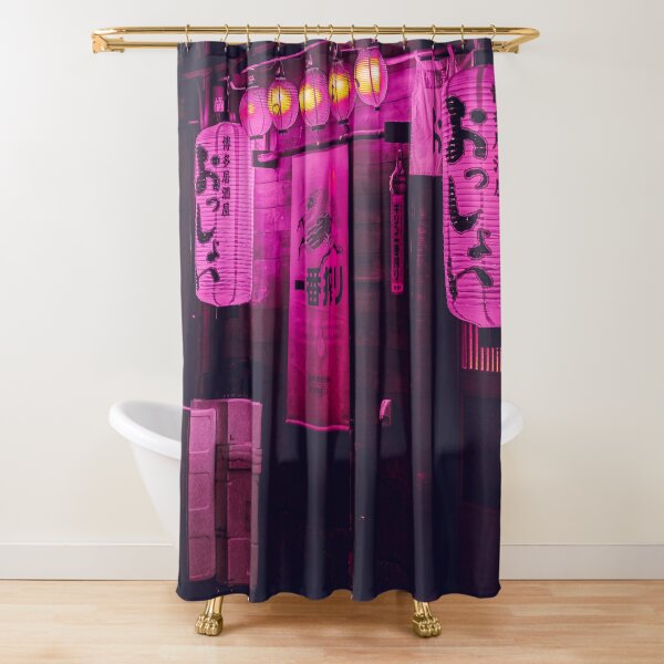 Neon-lit Dystopian Japanese Ramen Izakaya Shop in Tokyo | Vaporwave and Cyberpunk Aesthetic Shower Curtain