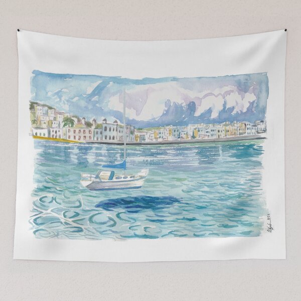 Item preview, Mykonos with Floating Sailing Boat On Turquoise Aegean Waters designed and sold by artshop77.