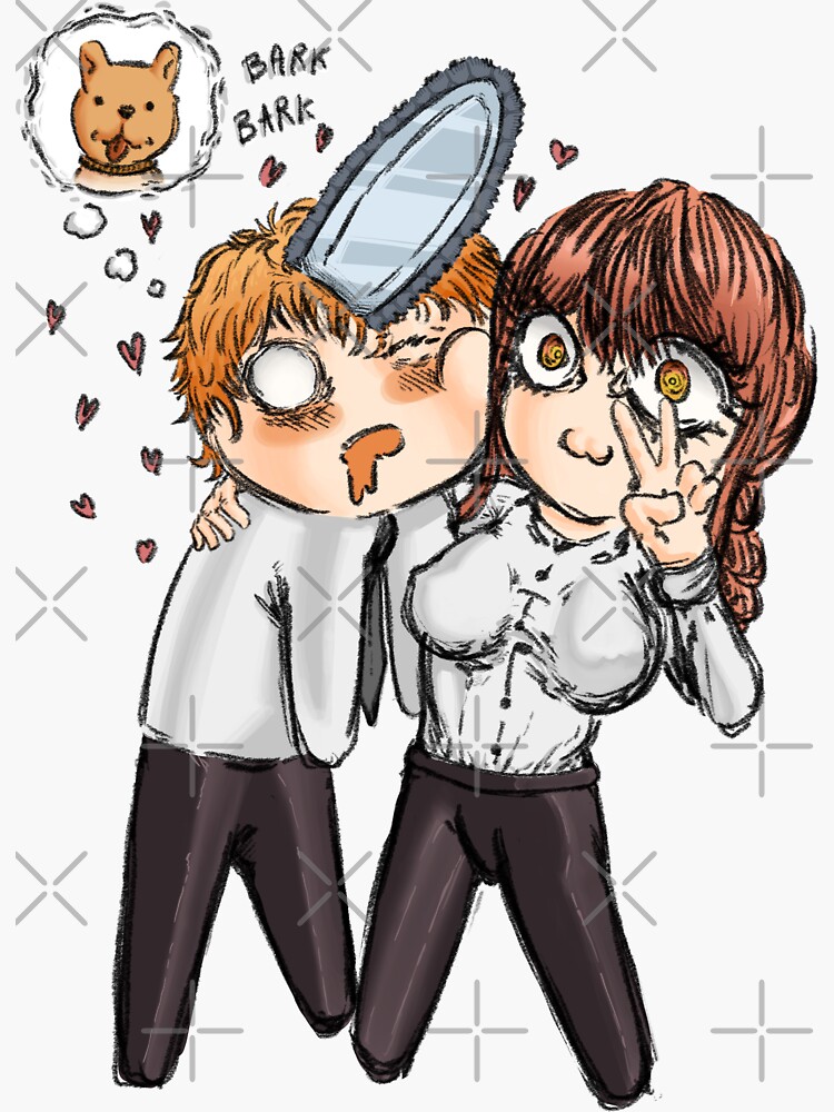"Bark Bark, Makima and Denji Chainsaw man" Sticker by