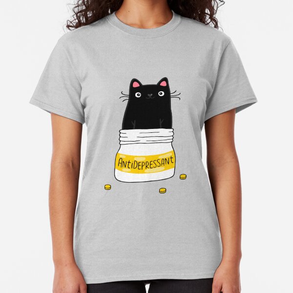 FUR ANTIDEPRESSANT . Cute black cat illustration. A gift for a pet lover. Classic T-Shirt