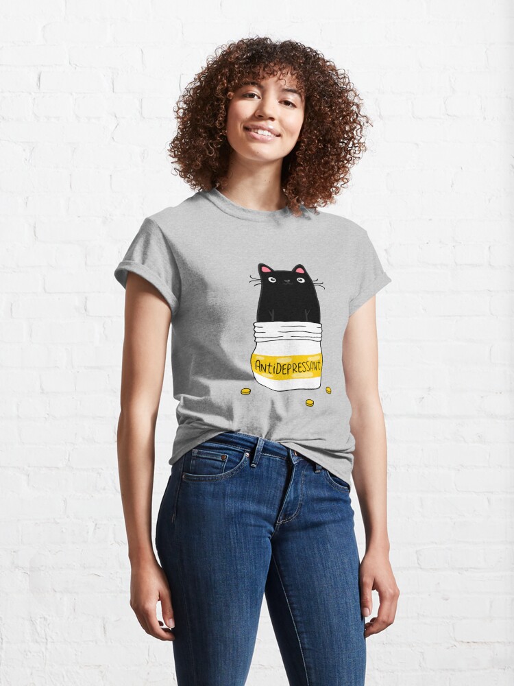 Alternate view of FUR ANTIDEPRESSANT . Cute black cat illustration. A gift for a pet lover. Classic T-Shirt