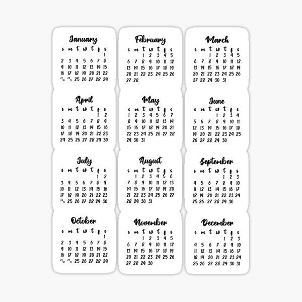 Stickers mini calendriers année 2024, différentes polices, avec ou sans  en-têtes - 12 stickers par planche - Bullet Journal & Planner