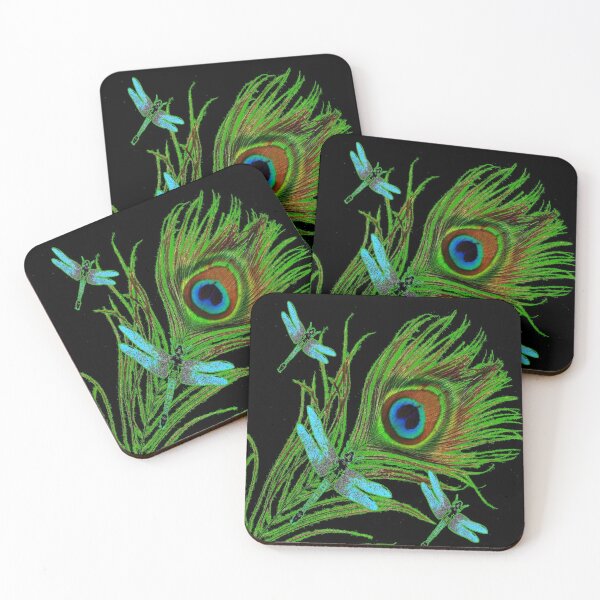 Item preview, BLUE DRAGONFLIES GREEN PEACOCK FEATHER BLACK ART designed and sold by sharlesart.