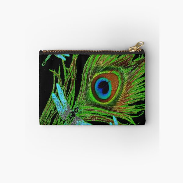 Item preview, BLUE DRAGONFLIES GREEN PEACOCK FEATHER BLACK ART designed and sold by sharlesart.
