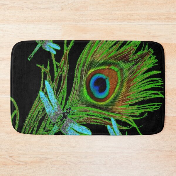Item preview, BLUE DRAGONFLIES GREEN PEACOCK FEATHER BLACK ART designed and sold by sharlesart.