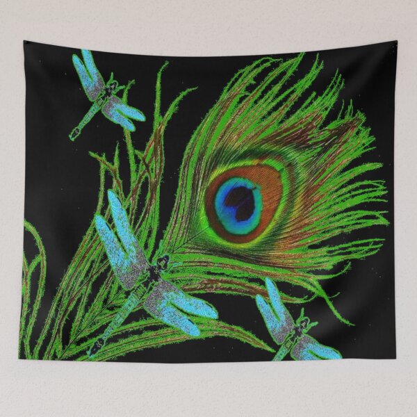 Item preview, BLUE DRAGONFLIES GREEN PEACOCK FEATHER BLACK ART designed and sold by sharlesart.