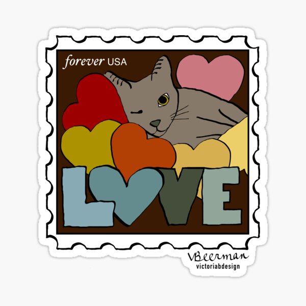 Cat Love Stamp Illustration T-Shirt Magnet Sticker Card Button Pink Blue Yellow Sticker