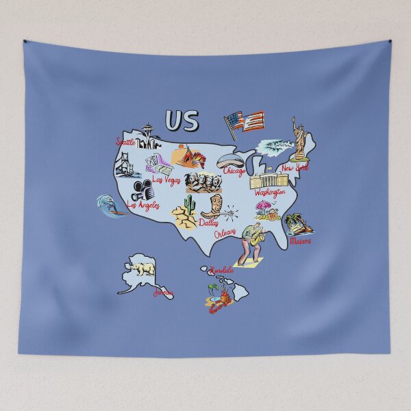 Item preview, Hand drawn map of USA, attractions, landmarks, major cities designed and sold by mashmosh.