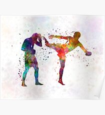 Two men exercising thai boxing silhouette 01 Poster